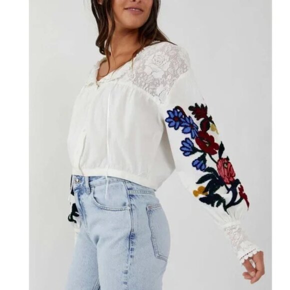 Free People White Blouse with Floral Embroidery - Picture 2 of 15